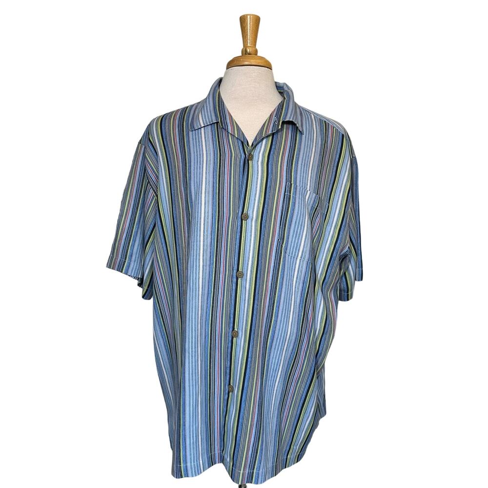 Tommy Bahama Mens Button Up Shirt XXL Striped 100% SILK Multicolor Short Sleeve